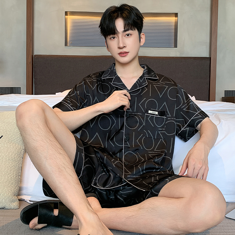 桑蚕丝加肥加大码男士短袖睡衣