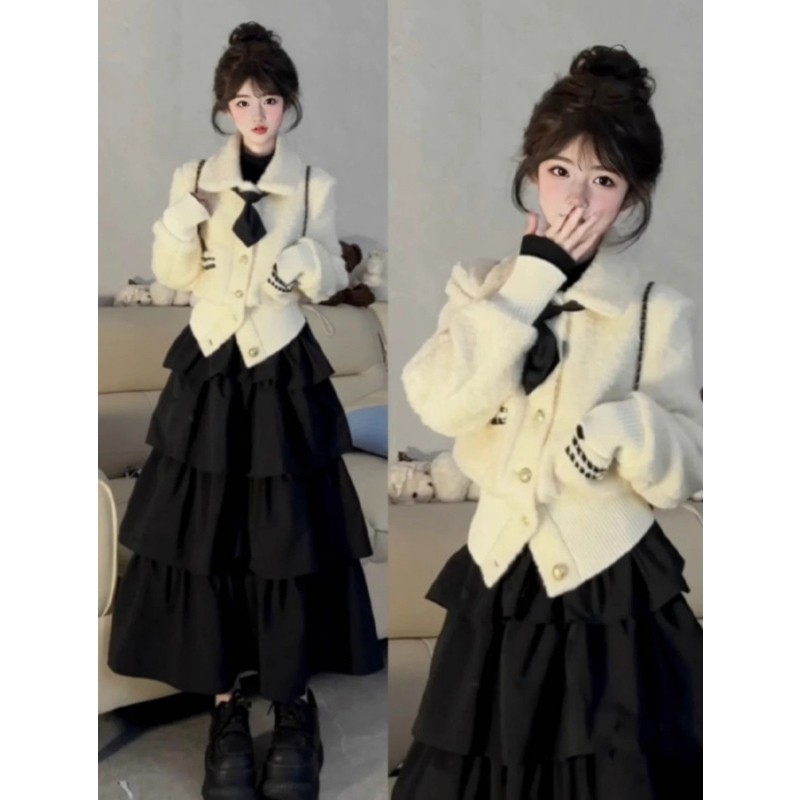 秋冬韩系学院风减龄穿搭加厚羊羔毛小香风外套蛋糕中长裙两件套女,女装/女士精品,时尚套装,淘宝优惠券,粉丝福利购,淘宝优惠卷