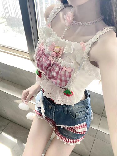 夏季森系撞色复古牛仔短裤套装