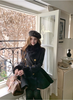 富家千金名媛高级感气质毛领黑色双排扣冬季加厚收腰呢子连衣裙子