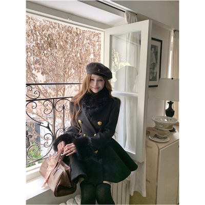 收腰毛呢黑色双排扣连衣裙