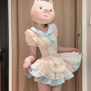 甜美奶油可爱软妹风套装 裙娃娃领张生上衣粉色背带蝴蝶结蓬蓬裙女