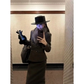 韩版 冬季 新款 复古双排扣设计毛领外套收腰显瘦高腰半身裙两件套女