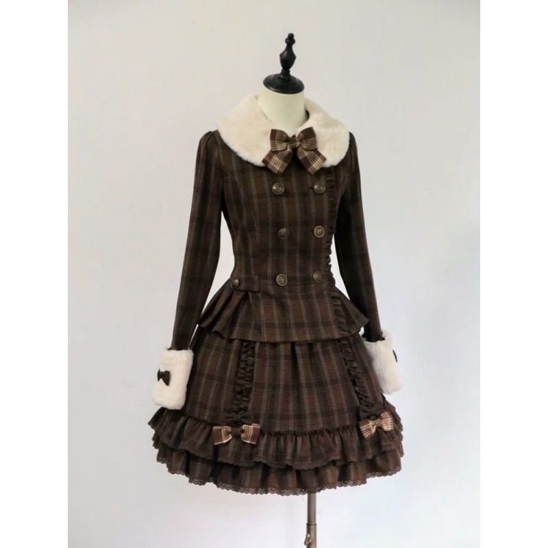 秋冬复古留洋大小姐洛丽塔蝴蝶结毛绒双排扣外套格纹半身Lolita裙,女装/女士精品,时尚套装,淘宝优惠券,粉丝福利购,淘宝优惠卷