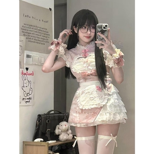 夏季甜美小厨娘新中式少女感粉色旗袍裙修身小飞袖连衣裙围裙套装