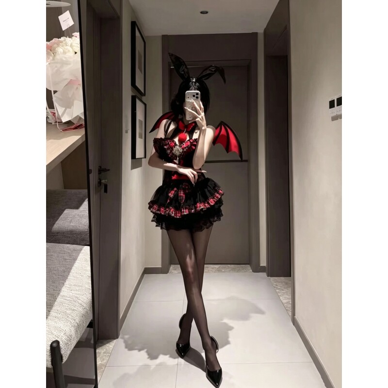 纯欲风辣妹女仆装性感红黑格纹拼接荷叶边挂脖蝴蝶结收腰连衣裙子