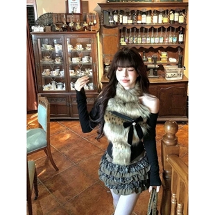 冬季 裙豹纹拼接毛毛露肩挂脖上衣重工蛋糕裙两件套 辣妹美拉德套装