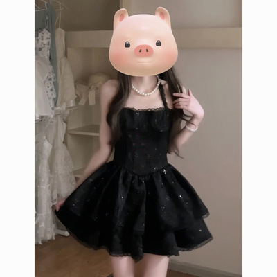 超好看小黑裙赫本风挂脖吊带裙