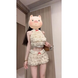 法式纯欲风辣妹挂脖层层蕾丝拼接上衣套装裙高腰蓬蓬裙性感两件套