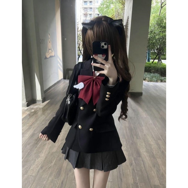 甜美系jk制服水手服学院风套装女秋冬双排扣收腰西装外套条纹短裙