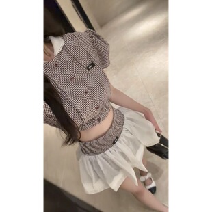 夏季新款法式甜美温柔淑女风两件套格纹泡泡袖上衣高腰显瘦半身裙