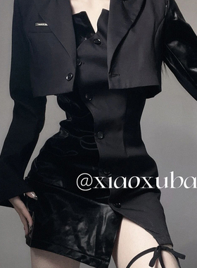 甜酷辣妹chic气质拼接套装裙显瘦小西服外套吊带裙miujk制服套装