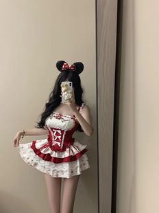 学院风复古红少女感甜辣吊带拼接碎花蝴蝶结上衣蛋糕蓬蓬裙两件套