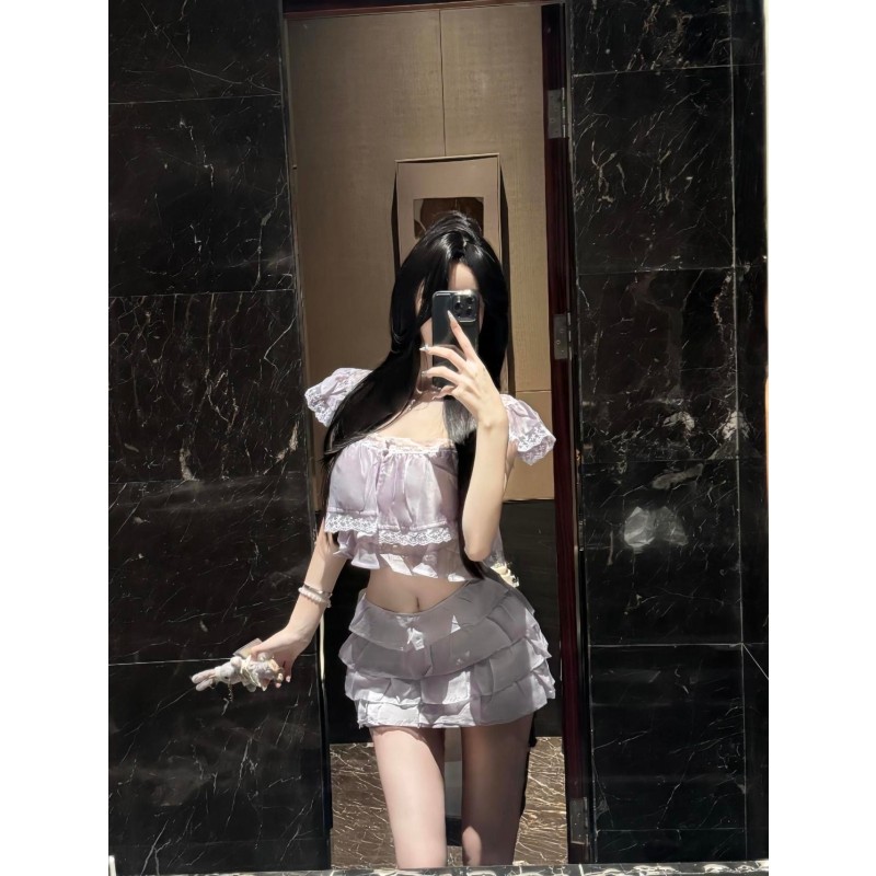 夏季甜辣妹多层荷叶边紫色蕾丝拼接吊带上衣半身裙纯欲时尚两件套,女装/女士精品,时尚套装,淘宝优惠券,粉丝福利购,淘宝优惠卷