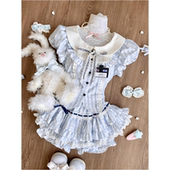 学院风少女感蓝色波点泡泡袖 夏季 新款 衬衣拼接荷叶边蓬蓬裙两件套