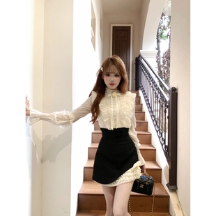 上衣高腰半身裙两件套女 气质高级感荷叶边衬衫 富家千金风套装 秋季