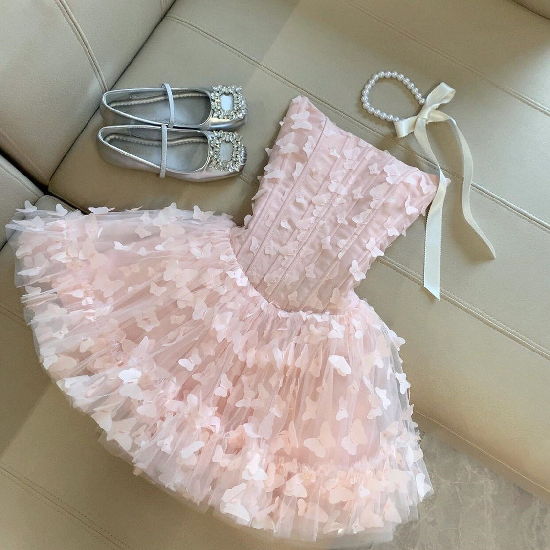 甜美小蝴蝶结抹胸连衣裙收腰显瘦夏季新款粉色鱼骨小礼裙生日短裙