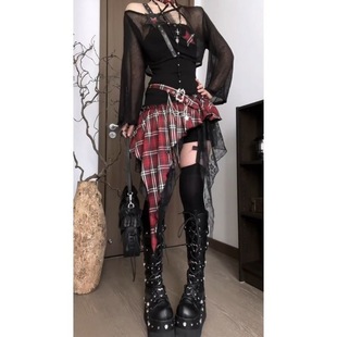 上衣不规则拼接格子连衣裙 辣妹风设计感针织罩衫 亚比风套装 女夏季