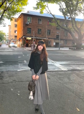 法式英伦风复古双色双排扣斗篷外套灰色针织打底衣中长裙三件套女