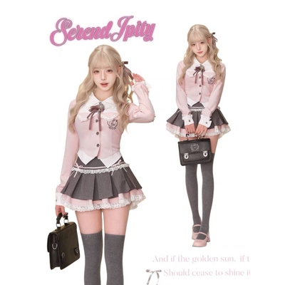 春季学院风套装裙粉色jk两件套