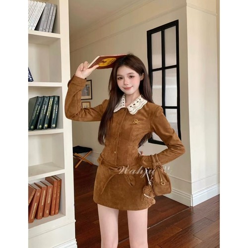 秋冬复古风麂皮绒翻领设计感修身显瘦外套美拉德半身裙巨好看套装