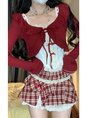 甜辣chic红色套装裙长袖开衫外套碎花吊带上衣格子蛋糕裙三件套女