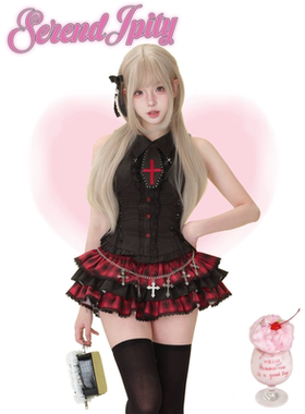 夏季甜辣y2k辣妹风复古红色十字架无袖上衣高腰蓬蓬蛋糕裙两件套