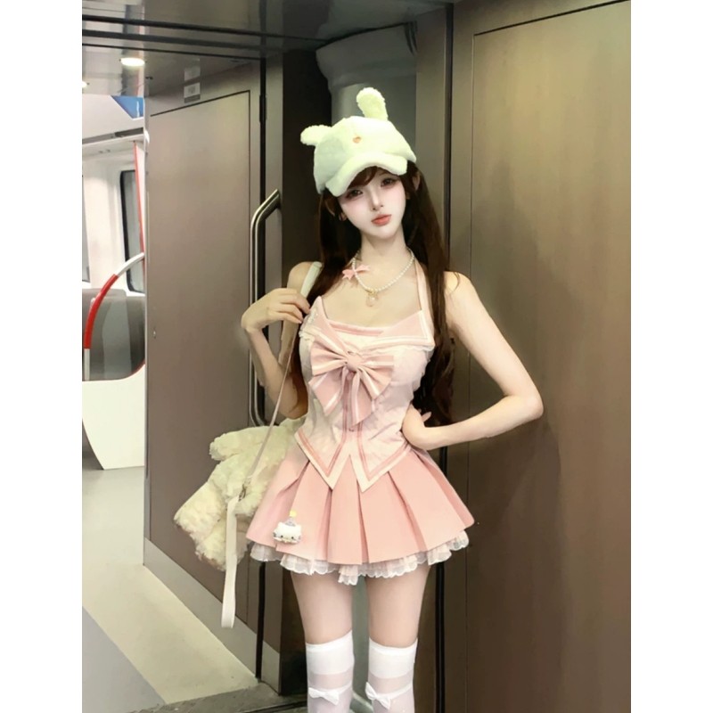 夏季甜辣千金感学院风粉色蝴蝶结挂脖吊带上衣高腰百褶裙两件套女,女装/女士精品,时尚套装,淘宝优惠券,粉丝福利购,淘宝优惠卷