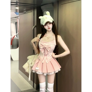 夏季 甜辣千金感学院风粉色蝴蝶结挂脖吊带上衣高腰百褶裙两件套女