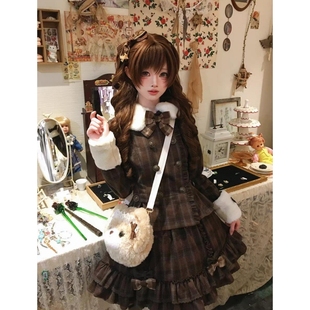 秋冬奶乖复古套装 棕色格纹双排扣拼接毛领外套蝴蝶结蓬蓬裙两件套