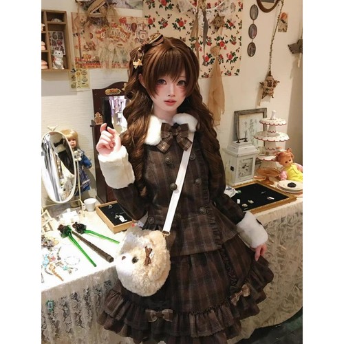 秋冬奶乖复古套装棕色蓬蓬裙