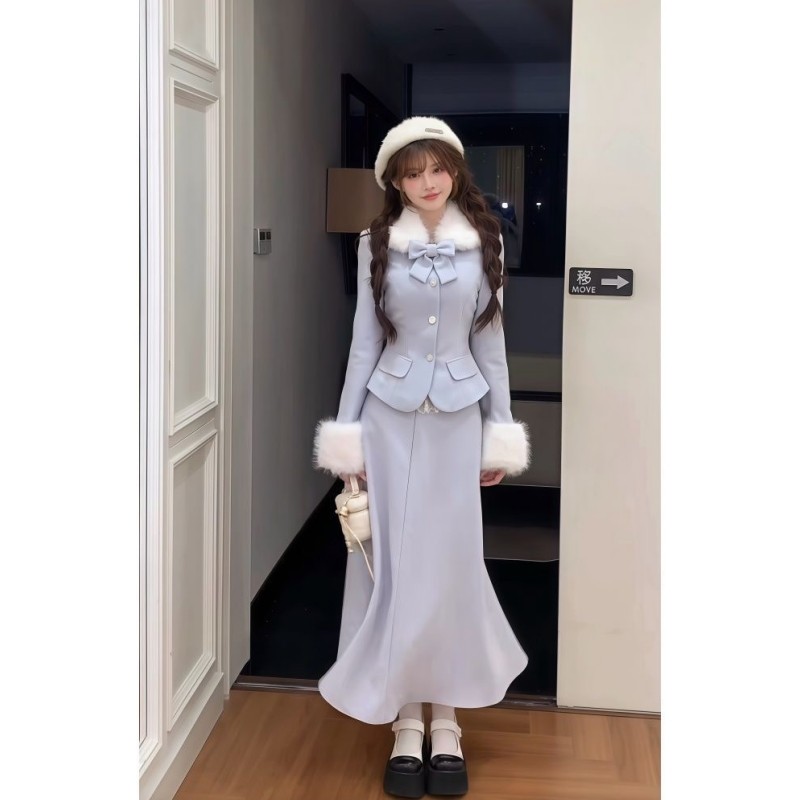 冬季新款千金气质香风蓝色套装减龄蝴蝶结毛绒外套高腰长裙两件套,女装/女士精品,时尚套装,淘宝优惠券,粉丝福利购,淘宝优惠卷