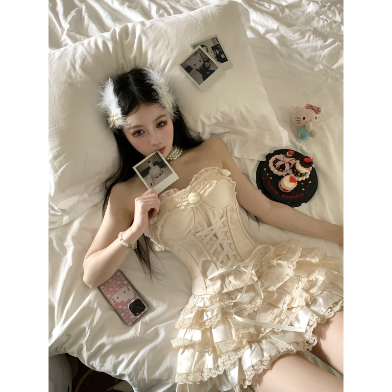 法式高级感宫廷风时尚拼接蕾丝花边吊带绑带收腰上衣蓬蓬短裙套装,女装/女士精品,时尚套装,淘宝优惠券,粉丝福利购,淘宝优惠卷