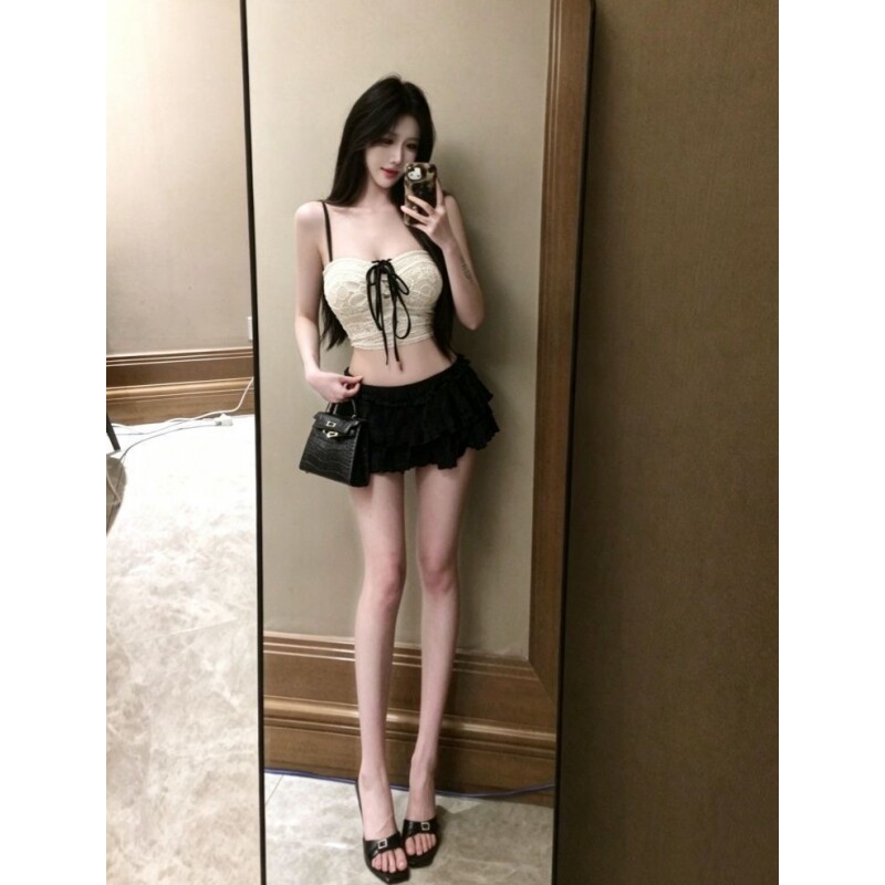性感纯欲风甜美蝴蝶结绑带蕾丝吊带上衣黑色蛋糕辣妹半身裙两件套图片
