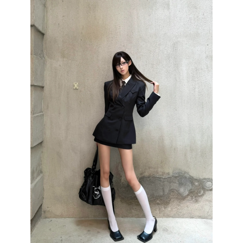 韩系学院风穿搭一整套黑色西服外套百度长袖衬衫高腰半身裙三件套