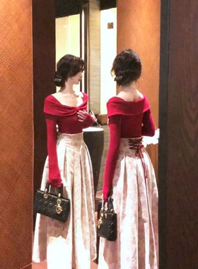 法式高级感精致千金风套装红色一字肩针织上衣女秋冬新中式中长裙