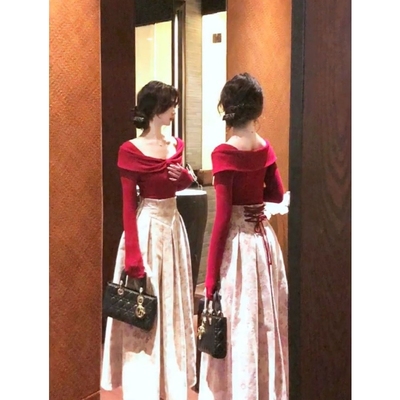 法式高级感精致千金风套装红色一字肩针织上衣女秋冬新中式中长裙