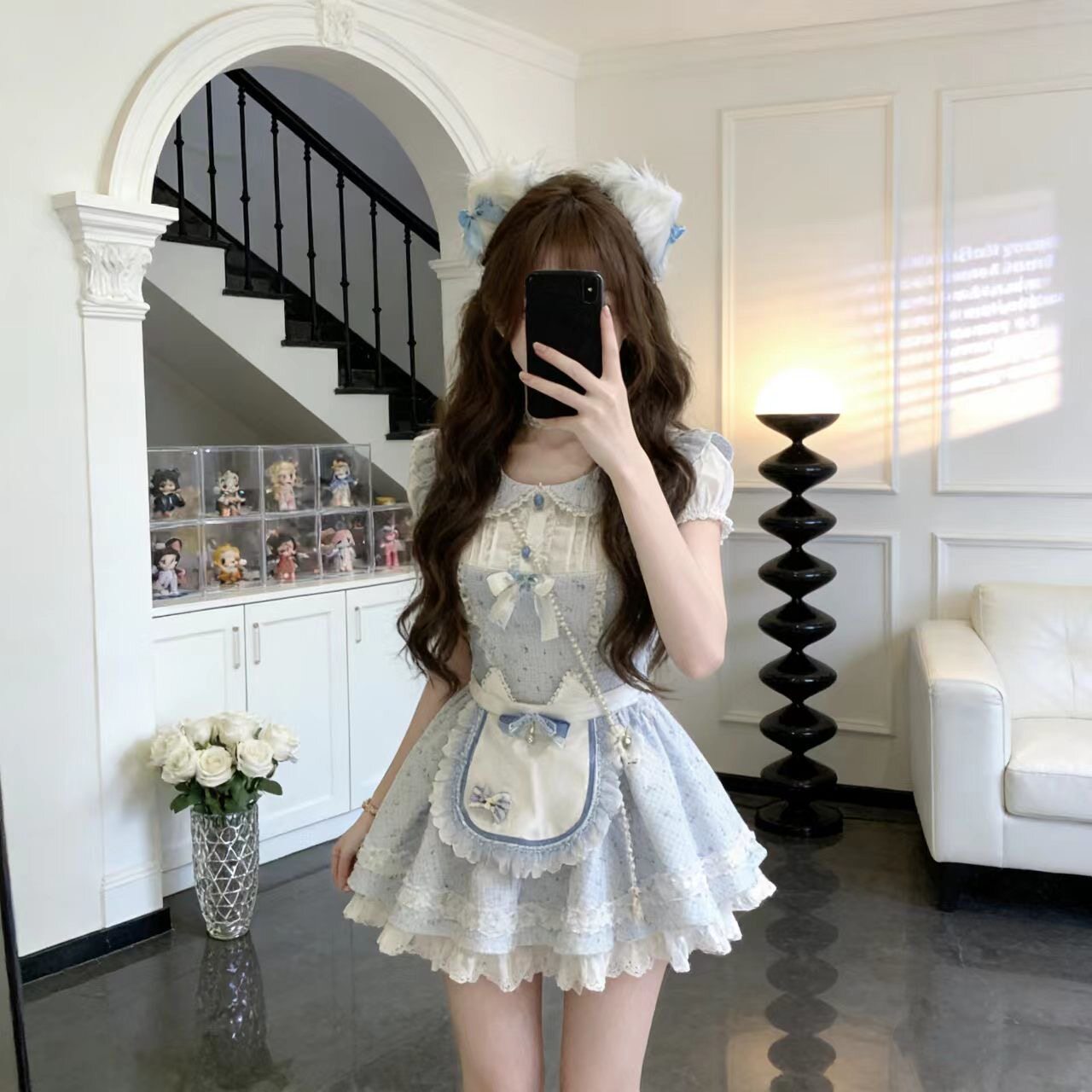 甜美氛围感少女感小清新蓝色碎花裙娃娃领蝴蝶结短裙收腰围裙套装