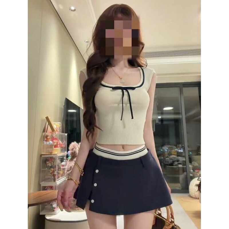 韩系纯欲套装裙女夏季小个子方口领针织背心上衣搭配半身裙短裙子
