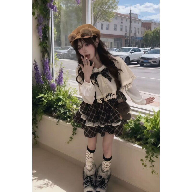 甜美可爱少女感蝴蝶结斗篷外套格纹撞色拼接衬衫蓬蓬背带裙两件套,女装/女士精品,时尚套装,淘宝优惠券,粉丝福利购,淘宝优惠卷