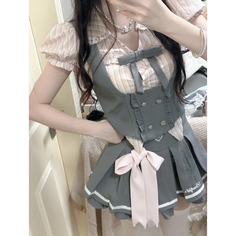 美式学院风夏季套装裙粉色条纹衬衫背带马甲高腰半身裙jk三件套