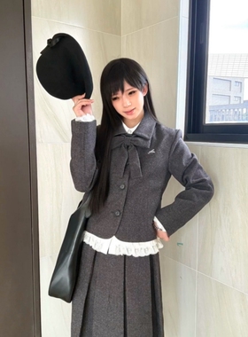 日系复古学院风灰色毛呢连衣裙女2025秋冬收腰气质时尚长裙三件套