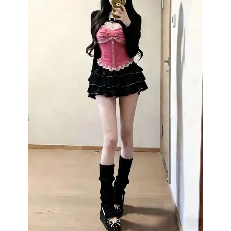 甜辣chic性感辣妹开衫外套粉色波点吊带套装夏季纯欲蓬蓬裙三件套