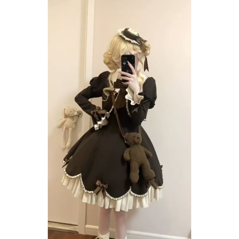 甜美优雅风Lolita裙复古长袖蝴蝶结开衫外套棕色条纹蓬蓬连衣裙女,女装/女士精品,连衣裙,淘宝优惠券,粉丝福利购,淘宝优惠卷