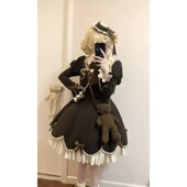 甜美优雅风Lolita裙复古长袖 蝴蝶结开衫 外套棕色条纹蓬蓬连衣裙女