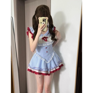 甜辣樱桃丸子蓝色格纹连衣裙撞色拼接花边娃娃领收腰公主蓬蓬裙子