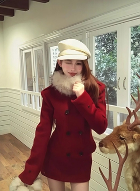 冬季氛围感小香风套装红色战袍双排扣复古红外套半身裙时尚两件套