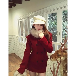 两件套 红色战袍双排扣复古红外套半身裙时尚 冬季 氛围感小香风套装