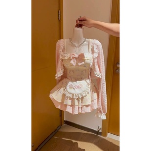 甜美少女感可爱软妹风洛丽塔粉色开衫 外套印花吊带背带蓬蓬裙套装