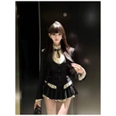 韩系千金感气质辣妹黑色套装 蓬蓬短裙三件套 西服外套镂空白色衬衫